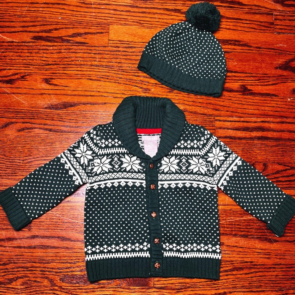 Tahari Baby Green Fair Isle Cardigan and Beanie Set 12M Holiday Snowflake Nordic